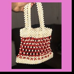 RED AND BAIGE BEEDED PURSE